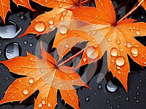 Orange leaves with water drops Warm natural light, autumn