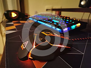 Orange led gaming mouse closeup