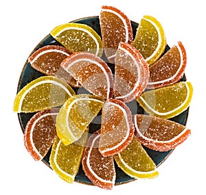 Orange and lemon jelly slices on white background