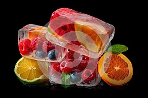 Orange, lemon, lime, raspberry, blueberry and mint fruit ice, refreshing fruity icecream on black background, AI Generated