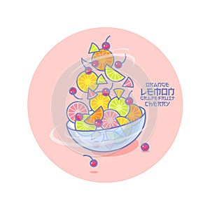Fruit salad and glass bowl flat illustration. Funny colored fruits and berries.