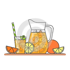 Orange lemonade with citrus slices, ice and meant in jug and glass with straw, cut lemon and orange. Isolated on white background.