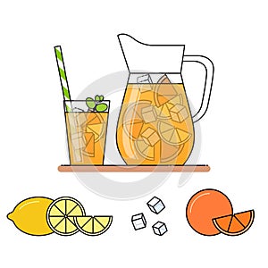 Orange lemonade with fruit slices, ice and meant in jug and glass with straw, cut lemon and orange. Isolated on white background. photo