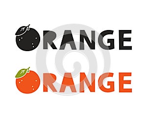 Orange lettering. Hand drawn text with citrus fruit. Simple black shape and color vector illustration. Isolated elements on white