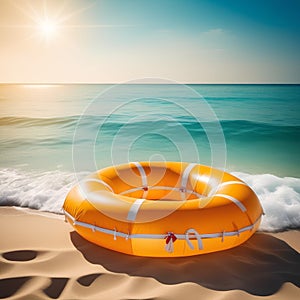 Orange life buoy floating in sea, above view. Emergency rescue equipment