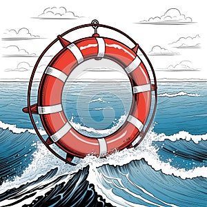 Orange life buoy floating in sea, above view. Emergency rescue equipment