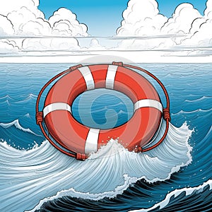 Orange life buoy floating in sea, above view. Emergency rescue equipment