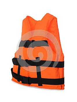 Orange life jacket isolated on white. Personal flotation device