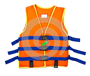 Orange Life jacket with whistle isolated on white background