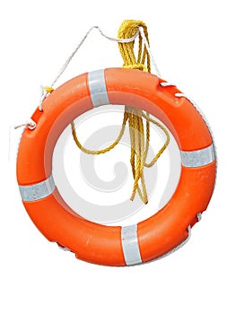 Orange lifebelt or life preserver with yellow rope isolated on white