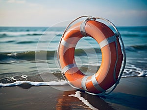 Orange lifebuoy on blurred sea background