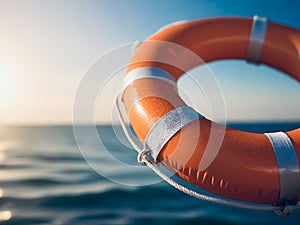 Orange lifebuoy on blurred sea background