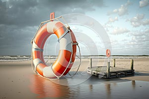 Orange lifebuoy on the sea coast on cloudy day