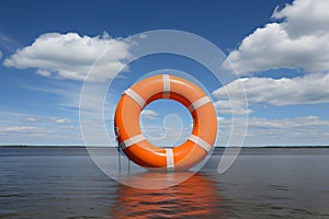 Orange lifebuoy on sea and sky background. Nautical safety and rescue concept for water activities