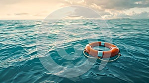 Orange lifesaver afloat in vast blue sea under cloudy skies, symbolizing safety and help. Majestic nature meets human