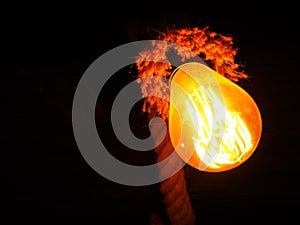 Orange light bulb with rope on wooden