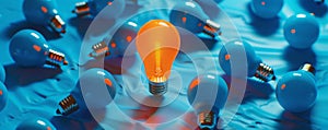 Orange light bulb standing out among blue light bulbs, individuality concept