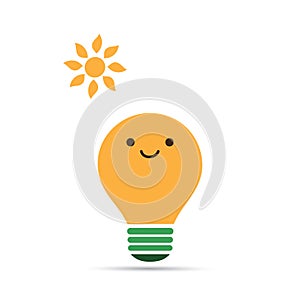 Orange Light Bulb and Sun Isolated on White Background - Emoji Lightbulb with Funny Face, Emotion - Creative Concept of Idea