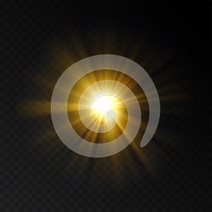Orange light flash on transparent background. Explosion vector template. Realistic illustration with glowing burst star