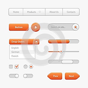 Orange Light User Interface Controls. Web Elements. Website, Software UI: Buttons, Switchers, Slider, Arrows, Drop-down