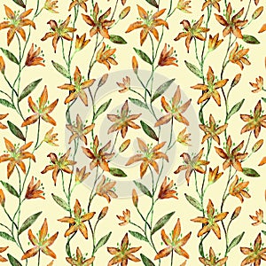 Orange lily flowers pattern on yellowish background