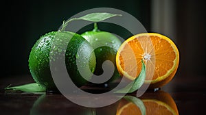 an orange and a lime on a table with water droplets on it and a green leaf on top of it, with a dark background