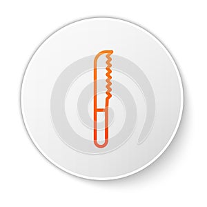 Orange line Bread knife icon isolated on white background. Cutlery symbol. White circle button. Vector Illustration