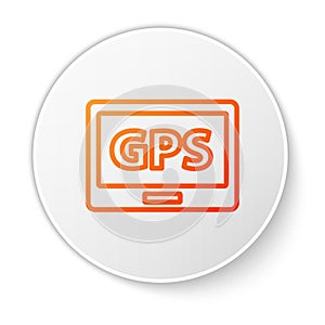 Orange line Gps device with map icon isolated on white background. White circle button. Vector Illustration