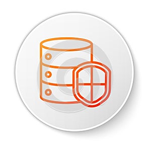 Orange line Server with shield icon isolated on white background. Protection against attacks. Network firewall, router