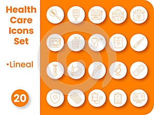 Orange Linear Healthcare Icon Set On White And Orange Circle