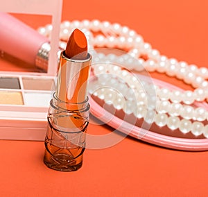 Orange Lipstick Represents Beauty Product And Cosmetic