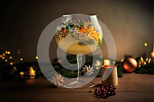 Orange liqueur on a background of festive decor and Christmas tree branches in a glass shot glass.