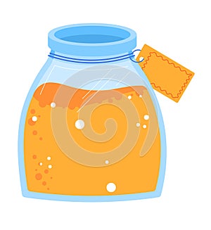 Orange liquid in clear glass jar with blank label. Cartoon-style honey jar vector illustration