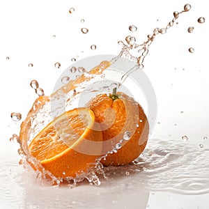 Orange in Liquid Splash Isolated on White Background