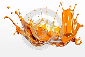 Orange liquid splashing out of white cup on white surface. Generative AI