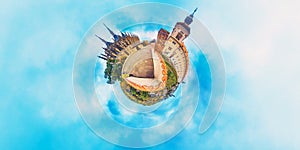 Orange little planet panorama with cathedrals and cyan sky. Europe, Czech, Kutna Gora. photo