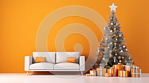 orange Living Room Christmas interior in Scandinavian style. Christmas tree with gift boxes. ai