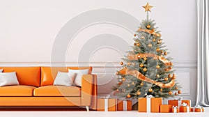 orange Living Room Christmas interior in Scandinavian style. Christmas tree with gift boxes. ai