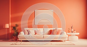Orange living room with a white couch, in the style of dark red and light pink