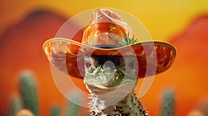 Close-up Lizard In Cowboy Hat Ray Tracing Style With Orange Desert Background photo