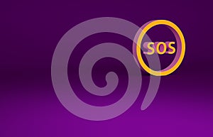 Orange Location with SOS icon isolated on purple background. SOS call marker. Map pointer sign. Minimalism concept. 3d