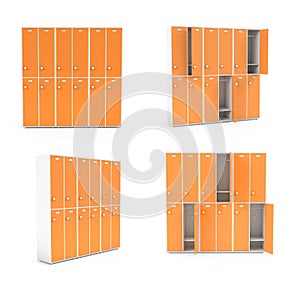 Orange lockers for schoool or gym. Set of closed and open sections