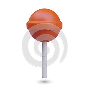 Orange lollipop on stick, vertical front view. 3D illustration on white background with shadow