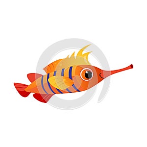 Orange longnose fish. Sea, tropical, aquarium fish. Colorful cartoon character