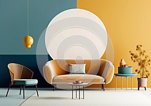 Orange loveseat sofa and barrel chair against of blue yellow wall. Mid century interior design of modern living room. Created with