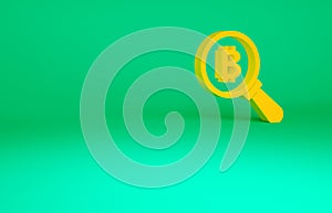 Orange Magnifying glass with Bitcoin icon isolated on green background. Physical bit coin. Blockchain based secure