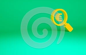 Orange Magnifying glass and euro symbol icon isolated on green background. Find money. Looking for money. Minimalism