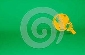 Orange Magnifying glass with globe icon isolated on green background. Analyzing the world. Global search sign