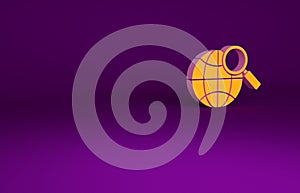 Orange Magnifying glass with globe icon isolated on purple background. Analyzing the world. Global search sign