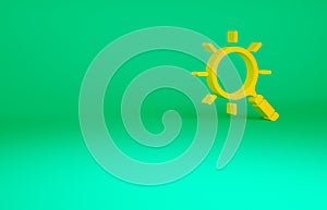 Orange Magnifying glass icon isolated on green background. Search, focus, zoom, business symbol. Minimalism concept. 3d